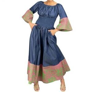 NEW KARA CHIC off-shoulder smocked waist dress in denim green